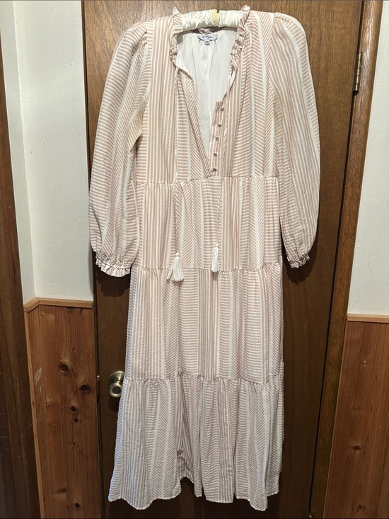Polagram Dresses & Skirts - Long Sleeve Tiered Maxi Dress in Blush Stripe